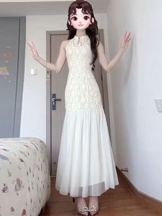 New Chinese Style White Jacquard Improved Cheongsam Dress Cool Mesh Waist-Cinching Elegant Long Skirt for Women Summer