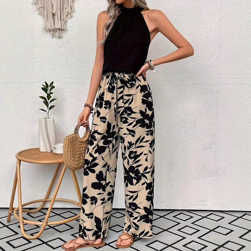 2025 Summer European and American Style Popular Printed Wide-Leg Pants Women's Thin Loose-Fitting Elastic Waist Casual Long Pants Slimming