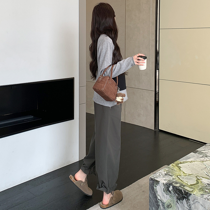 孕妇装2025秋季新款蕾丝边假两件上衣+工装裤高级感显瘦辣妈套装|undefined
