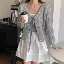 秋季新款蝴蝶结绑带麻花针织开衫韩系甜美减龄设计感毛衣上衣外套