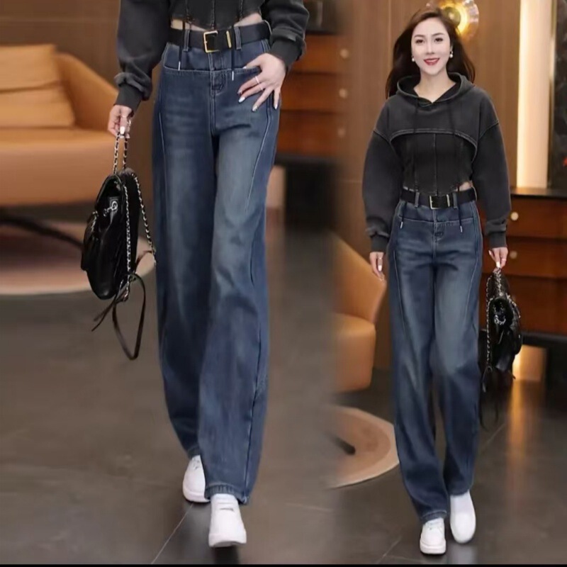 流行弯刀牛仔裤女2025秋季新款高腰显瘦前口袋百搭垂感窄版阔腿裤|undefined