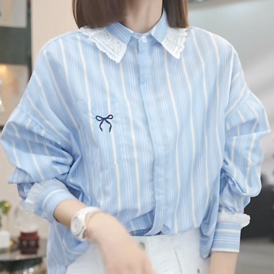 Lace spring fashionable elegant design blue shirt