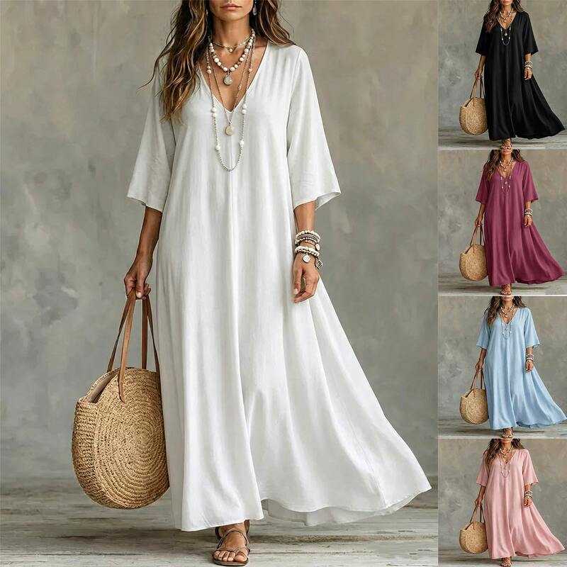 2026 European and American Style Simple Solid Color V-Neck Long Dress, Loose and Flowy with a Draping Effect, Suitable for Everyday Wear and Vacation 2026 European and American Style Simple Solid Color V-Neck Long Dress, Loose and Flowy with a Draping Effect, Suitable for Everyday Wear and Vacation