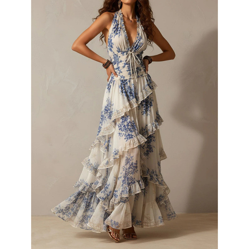 Blue and White Floral Halter Neck Dress with Deep Tie Waist, Multi-Layered Ruffles, Irregular Hem, and a High-End Feel