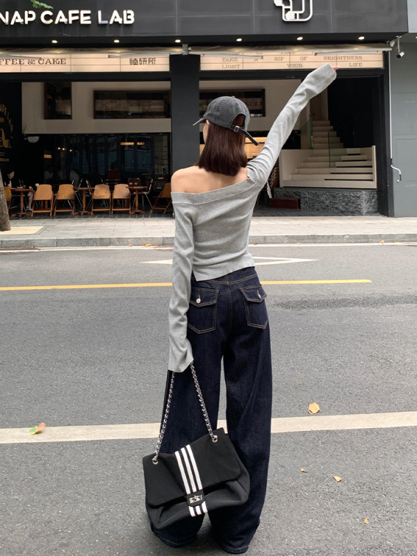 宋正恩深蓝色阔腿牛仔裤女新款后口袋设计感秋季复古宽松拖地长裤|undefined