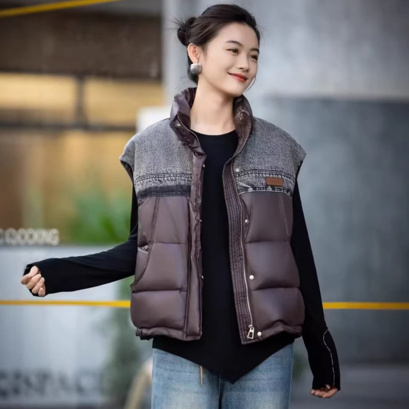 European Fashion Denim Patchwork down Vest with New National Standard 90% White Duck down for Women, 2025 New Style Stand Collar Jacket
