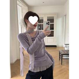 纯欲风荡领长袖T恤女春季小众设计感飘带假两件别致独特内搭上衣
