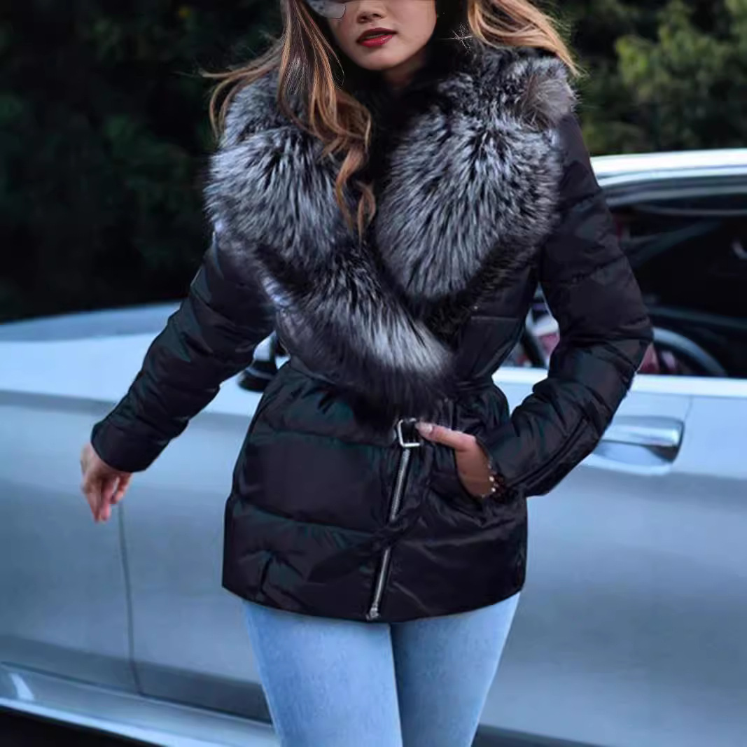 Women's Clothing glossy big fur collar short long sleeved cotton coat Warm jacket cotton coat_voghion.com