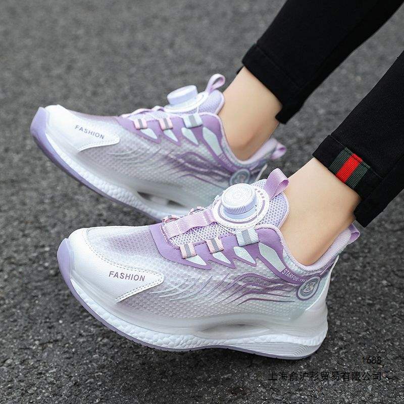 Spring and Autumn New Style Girls' Running Shoes, Medium and Large Children's Boys' Rotating Buckle Sports Shoes, Purple, Blue, Black, in Stock, Cowhide