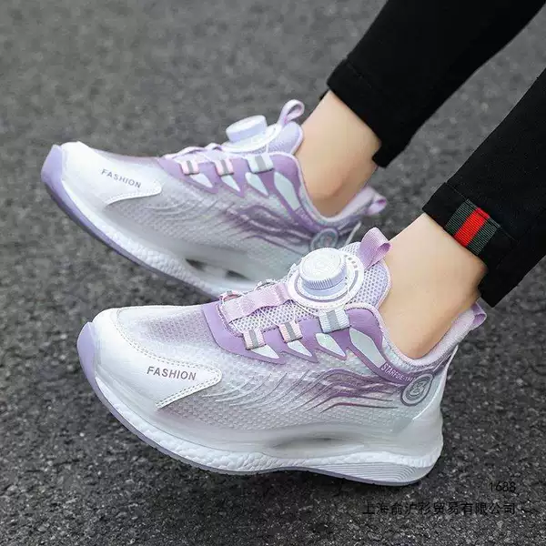 Spring and Autumn New Style Girls' Running Shoes, Medium and Large Children's Boys' Rotating Buckle Sports Shoes, Purple, Blue, Black, in Stock, Cowhide