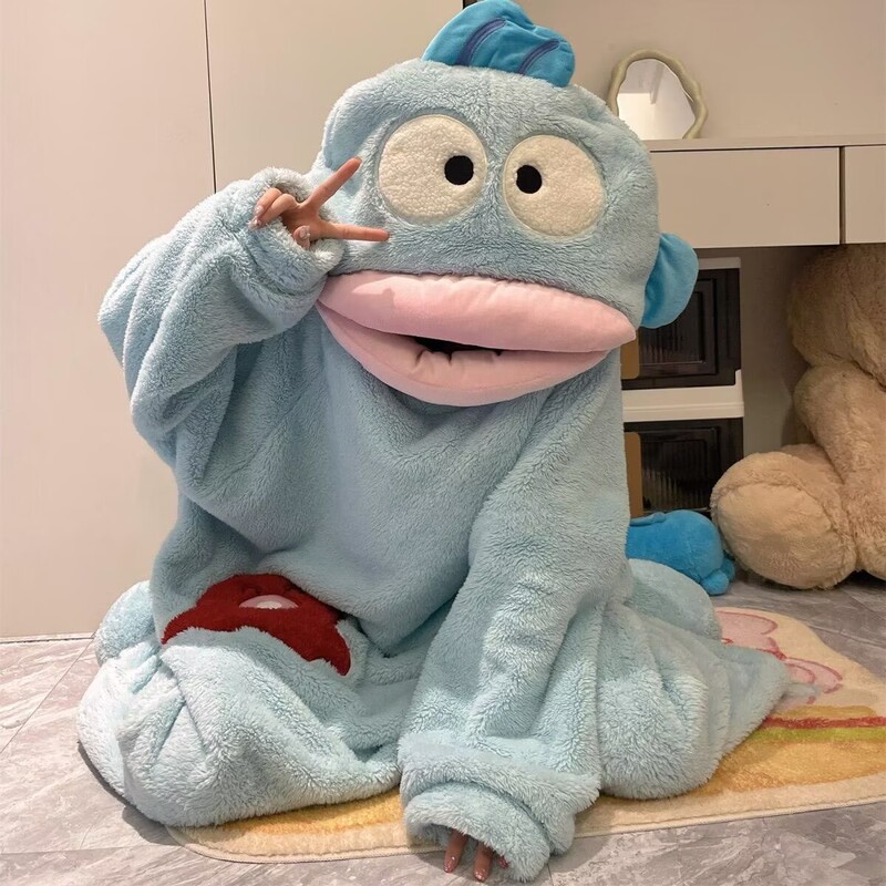 Cute Ugly Fish Hanton Funny One-Piece Couple Pajamas for Men and Women Winter Sand Sculpture Thickened Coral Velvet Cartoon Home Clothes