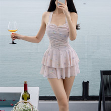 2025新款连体泳衣女夏性感碎花裙式保守遮肚显瘦挂脖温泉学生泳装
