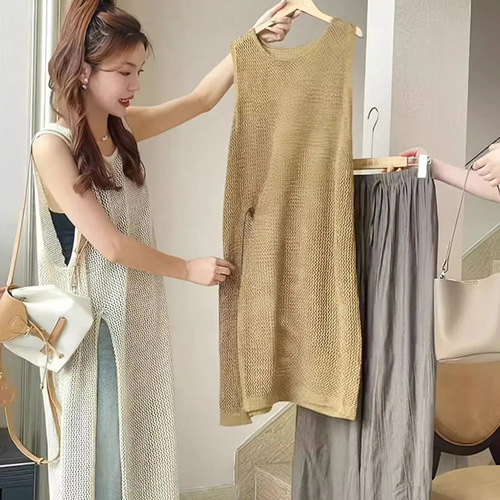 Summer Solid-Color Layered Outerwear, Hollowed Mid-Length Knitted Split Design, Versatile & Loose-Fit Sleeveless Fashion Top for Women
