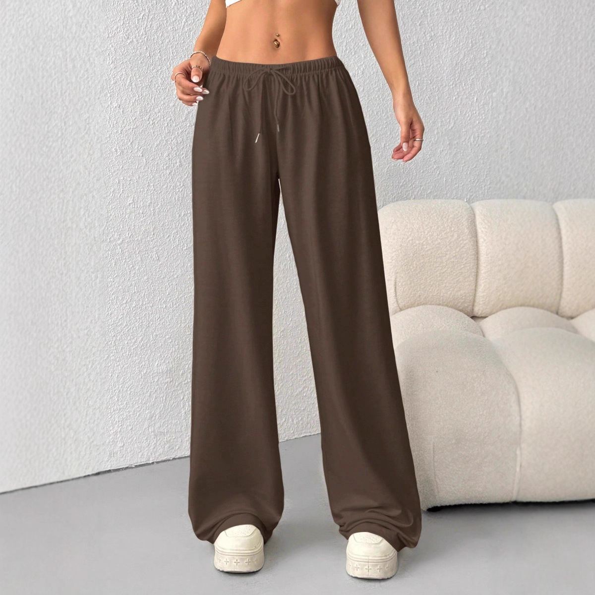 2025 Autumn and Winter New European and American Cross-Border Pure Color Casual and Comfortable Wide-Leg Women's Trousers with Edges