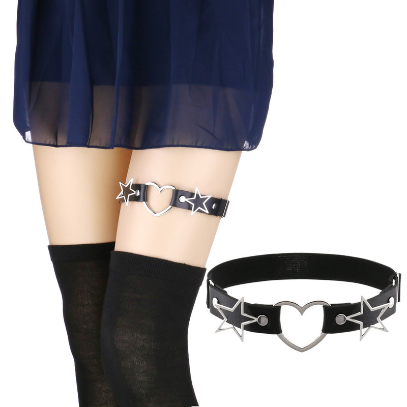 Popular Simple Punk Gothic Style Peach Heart Leather Thigh Ring Distinctive Double Pentagram Stretch Garter Belt