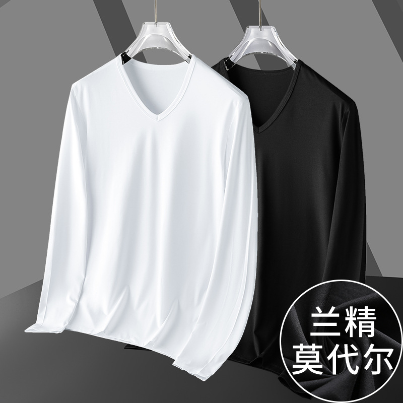 Modal Long-sleeved T-shirt Men's V-neck Fashionable Inner Base Shirt Tight Solid Color White Autumn Small Shirt Autumn Clothes Modal Long-sleeved T-shirt Men's V-neck Fashionable Inner Base Shirt Tight Solid Color White Autumn Small Shirt Autumn Clothes