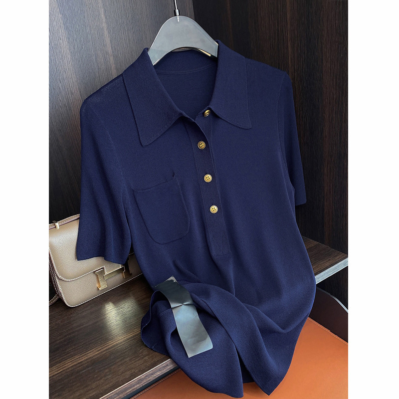 Awesome X goods burst! Classic big Polo-level navy blue blue gold buckle rayon Polo sweater slimming top Awesome X goods burst! Classic big Polo-level navy blue blue gold buckle rayon Polo sweater slimming top