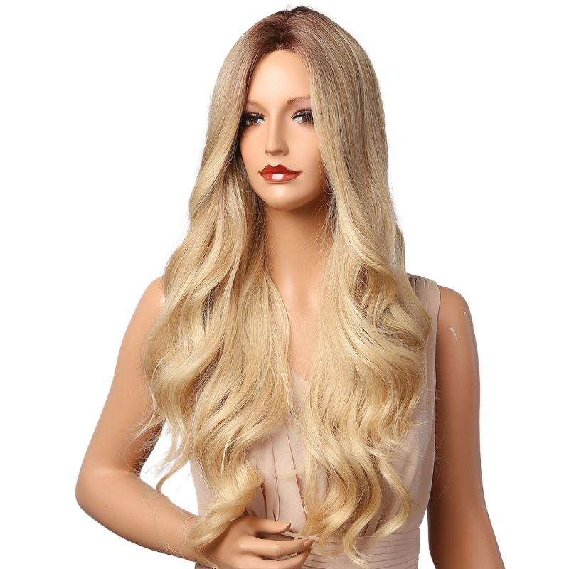 Comercio exterior Venta caliente europeo y americano medio gran ola largo rizado pelo gradiente luz dorado marrón temperamento europeo y americano peluca pelucas femeninas