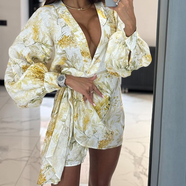 2025 new French style high-end digital printing long sleeve V-neck design irregular hem cardigan dress 2025 new French style high-end digital printing long sleeve V-neck design irregular hem cardigan dress