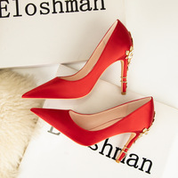 928-8 European and American wind light much sexy fashion women's shoes flower fine metal with high heel wedding shoes pointed satin shoes