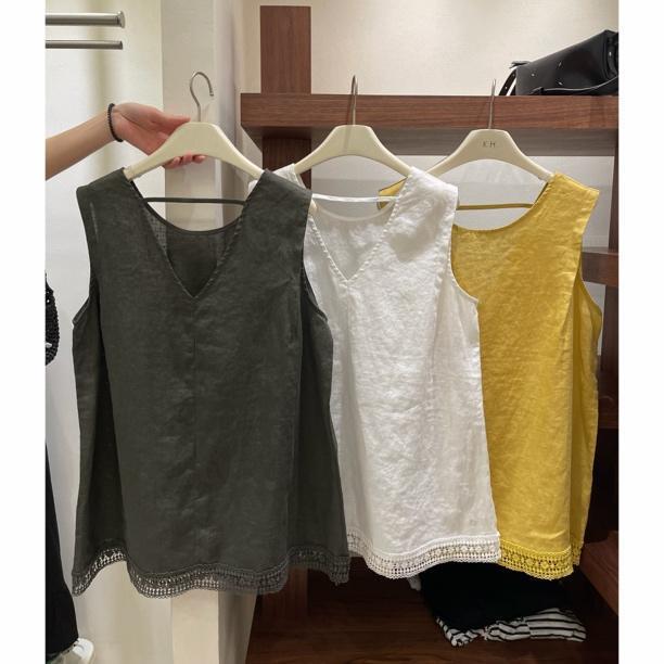 Korean-style solid color hem lace ramie sleeveless blouse for women, 2026 summer loose fit with hollow back design