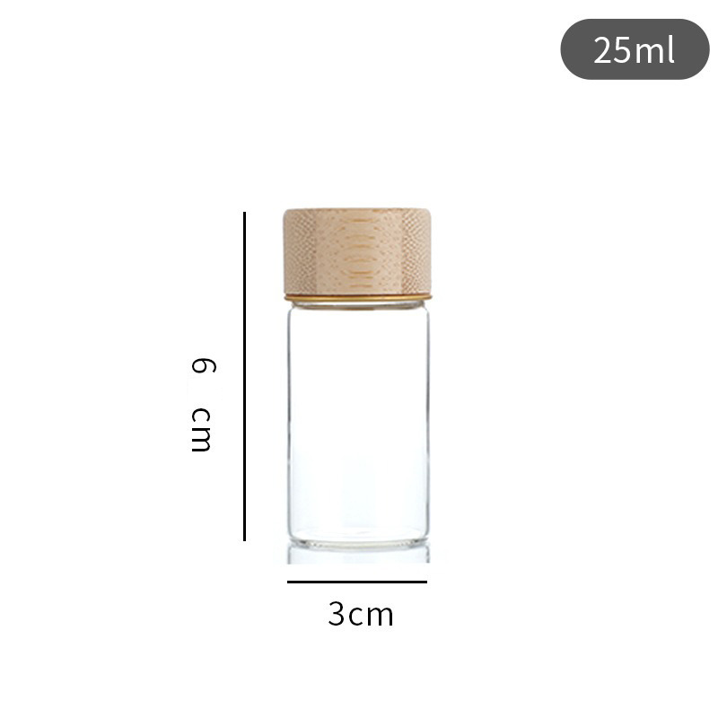 Botella de reactivo de la píldora de muestra de tapa de madera de bambú al por mayor, botella de embalaje de azafrán de boca de tornillo, botella de control de borosilicato de 30mm de diámetro