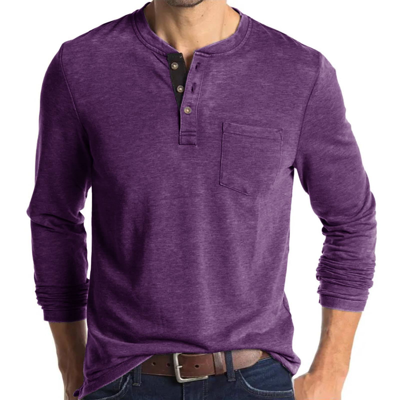 Amazon hombres europeos y americanos de manga larga de cuello redondo Camiseta de los hombres camisa de fondo Comercio exterior de los hombres camiseta Henry cuello superior