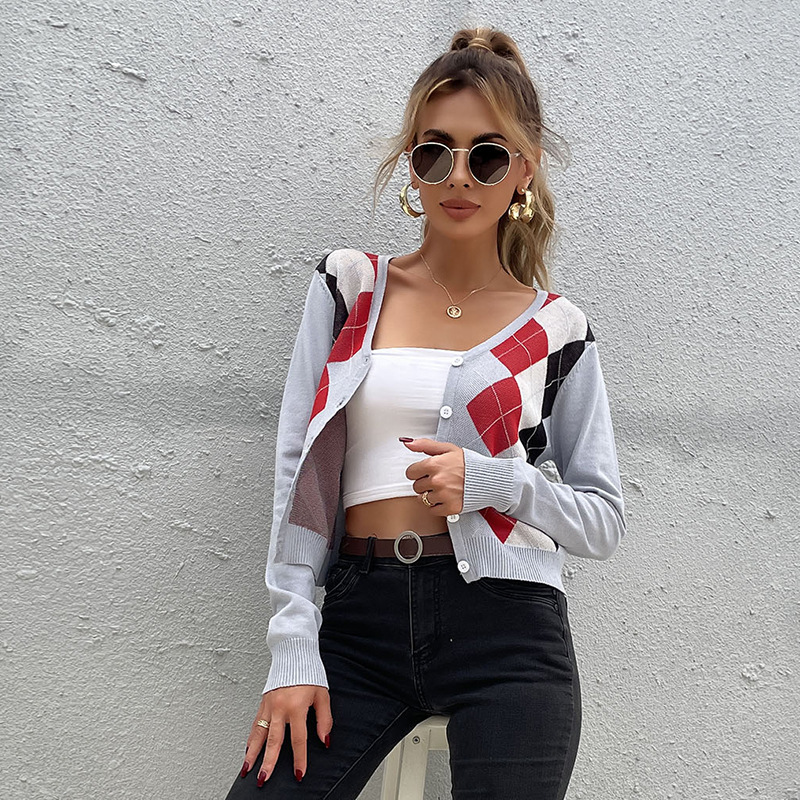 early autumn fashion women's rhombus top long-sleeved short lightweight_voghion.com