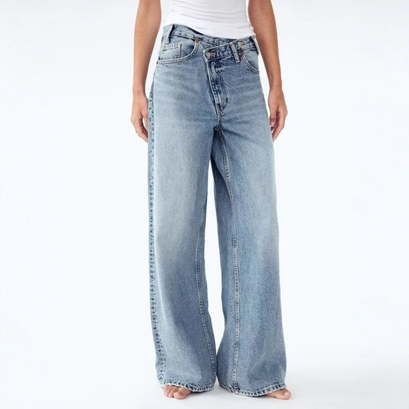 Cross-Border Aliexpress Russian Y2K Casual Fashion Washed Straight Wide Leg Asymmetrical Asymmetrical Jeans for Women