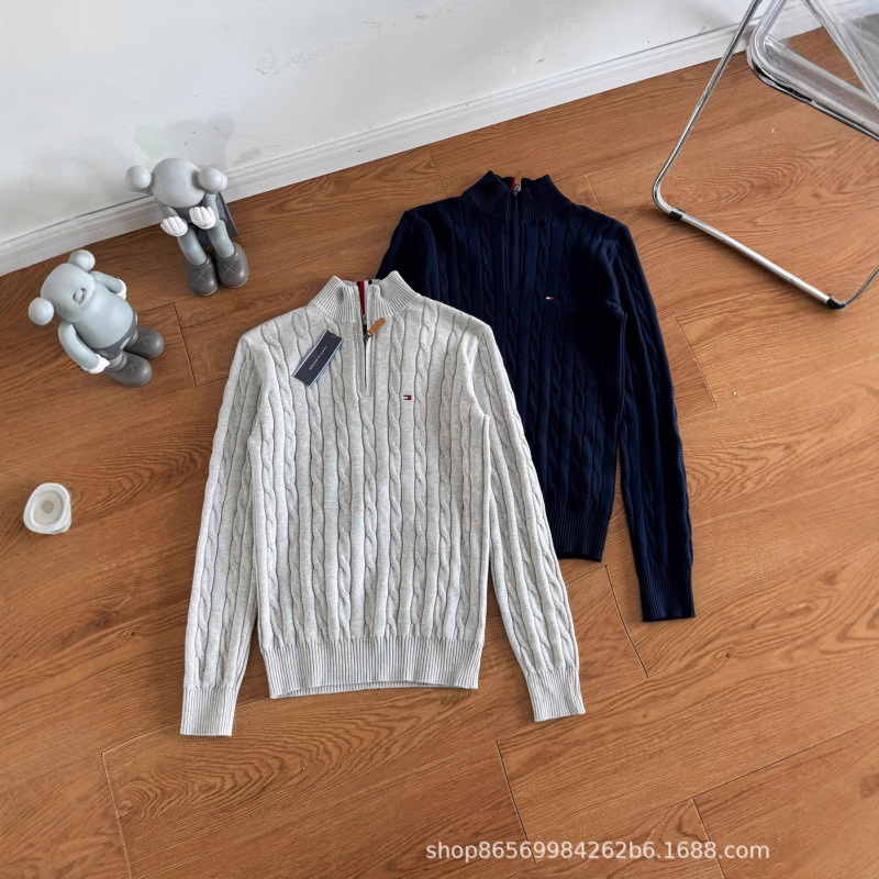Autumn and Winter Tommy Stand-Up Collar Half-Zip Sweater Embroidered Cable Knit Knitwear for Men and Women Couple Style Cross-Border Supply Toomy