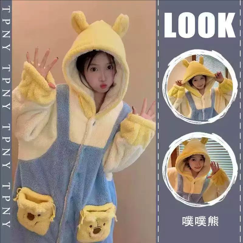 Wholesale Puff Bear Cartoon Nightgown for Women, New Autumn and Winter Thickened Flannel Hooded Robe, Bathrobe, Home Wear