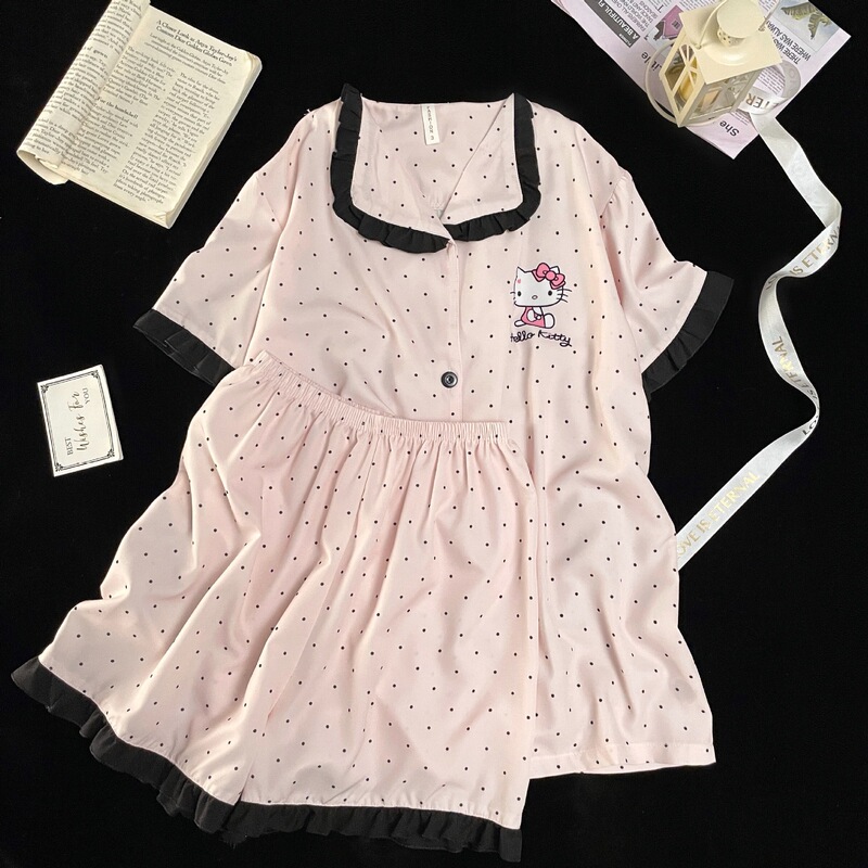 New Trendy Kt Cat Summer Pajamas for Women, High-End Short-Sleeve Shorts Loungewear Set with Small Lapel, Ice Silk New Trendy Kt Cat Summer Pajamas for Women, High-End Short-Sleeve Shorts Loungewear Set with Small Lapel, Ice Silk