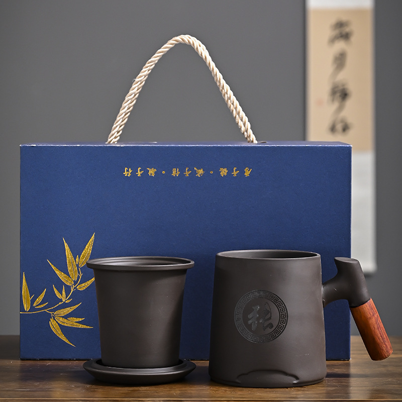 德化创意原矿紫砂过滤茶水分离三件套套装家用客厅办公杯杯子套装