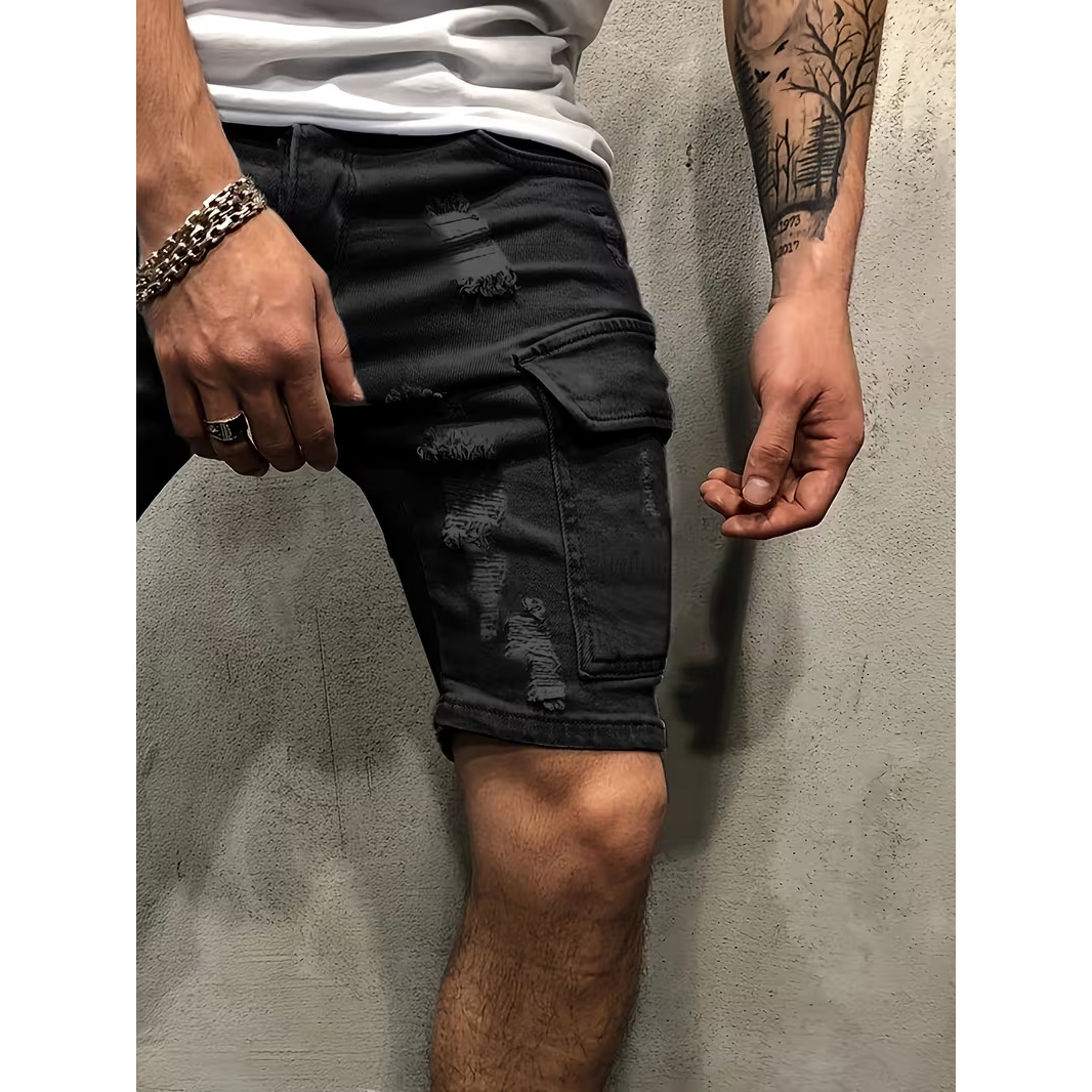 Men's Ripped Denim Shorts, Summer Stretch Cotton Cargo Shorts With Side Pockets, Slim Fit Casual Streetwear Style_viptrois.com