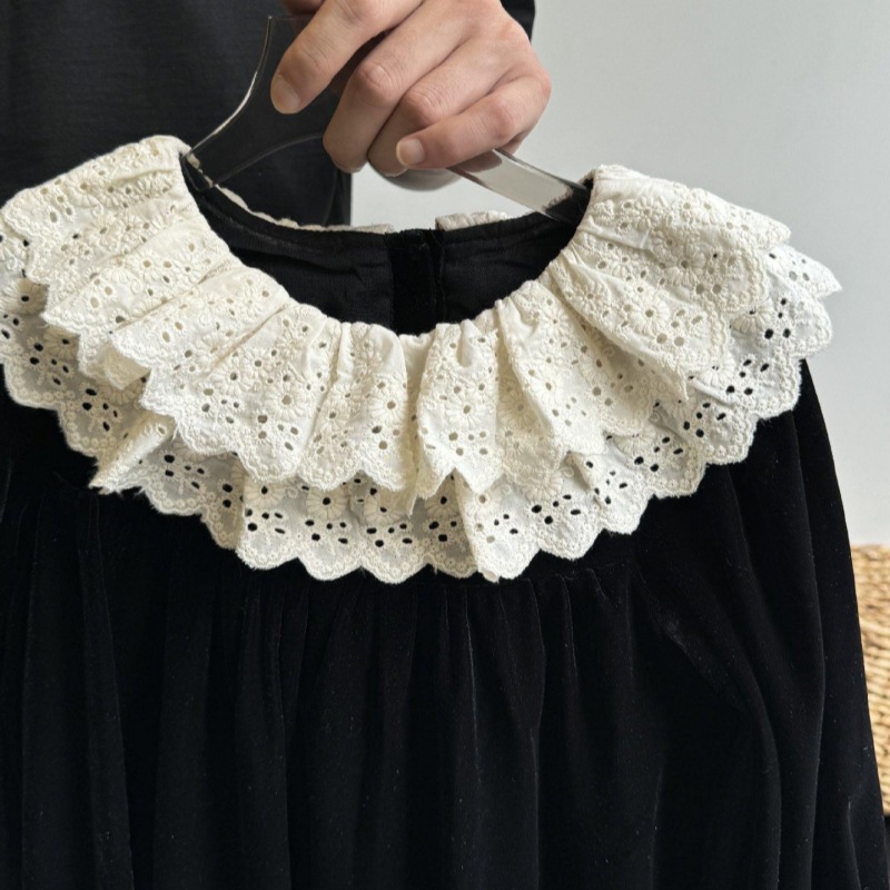 Qian Qi niñas de otoño nuevo borde de encaje reanudación de color sólido vestido de solapa vestido de moda coreano para mujeres