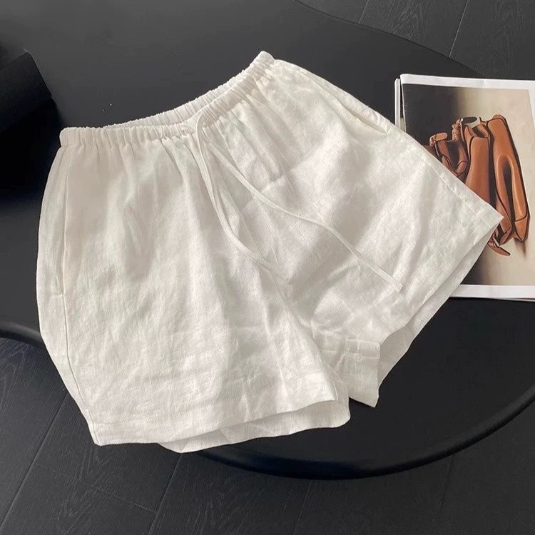 White Linen Shorts Women's Summer 2025 New Arrival Loose Slimming Loose-fit Waist A- line Casual Wide-leg Pants