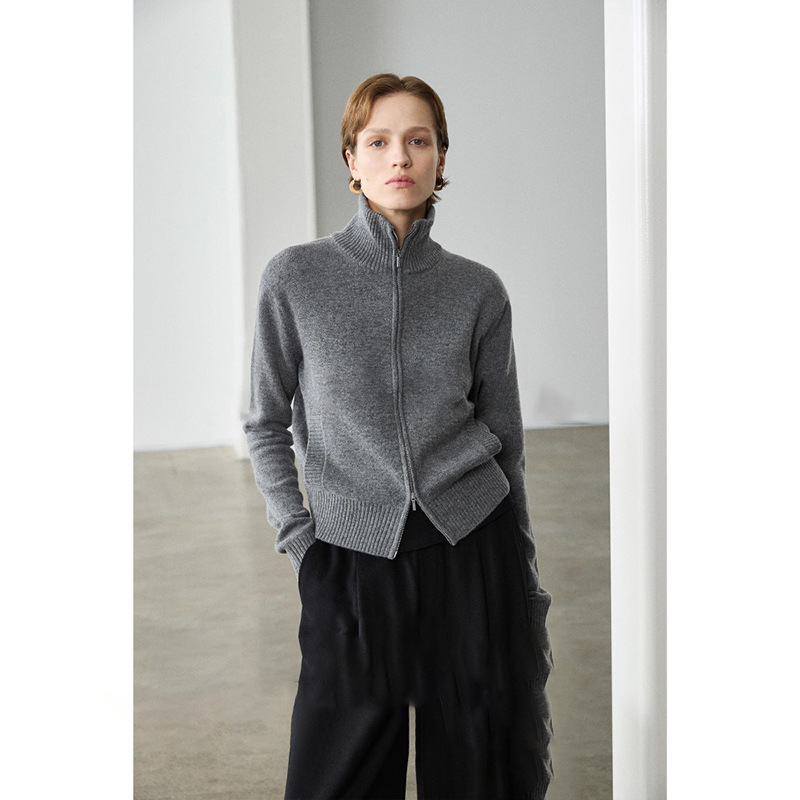 French Double Zipper Cashmere Cardigan Knitwear Jacket for Women New Autumn and Winter Knitted Knitwear with Wool Gray Thick Top