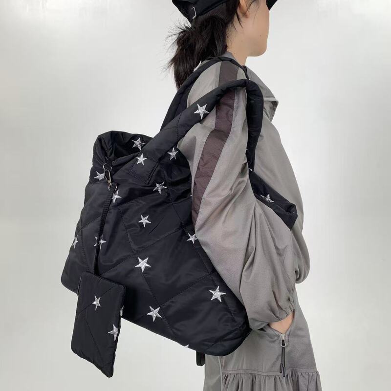 跨境专供女士时尚衍缝棉服托特包三件套星星百搭单肩手提包|undefined