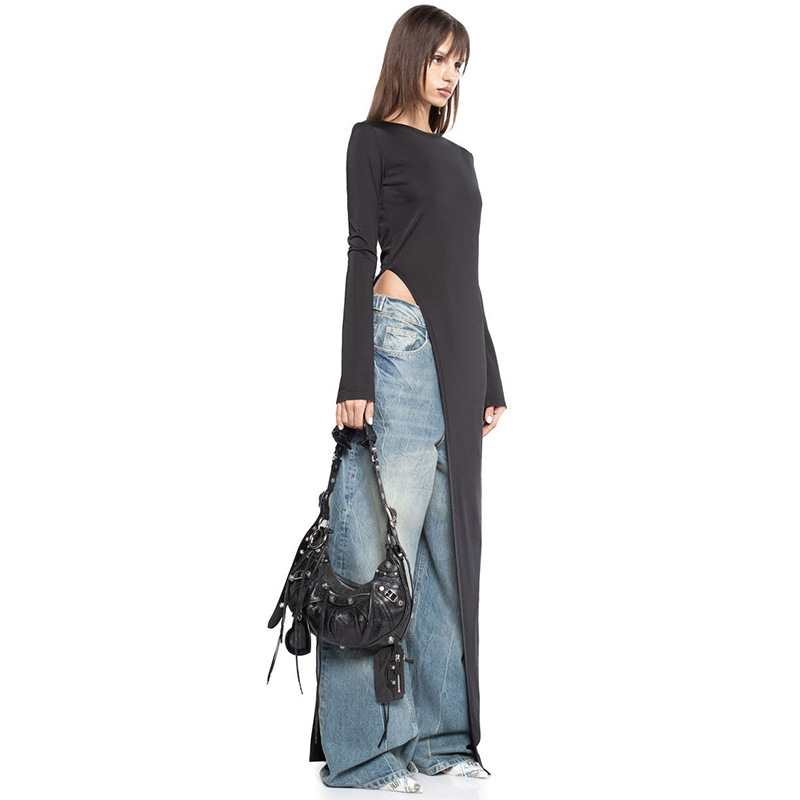 Holiday Occasion Wholesale Women's Streetwear Slit Dress Solid Color Holiday Round Neck Long Sleeve Slit Dress