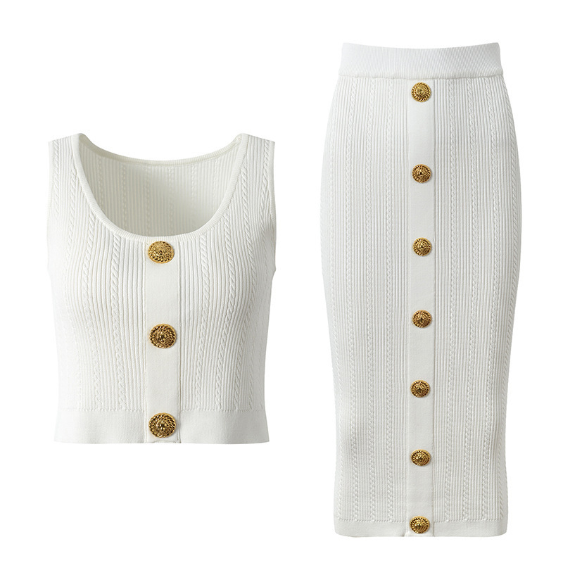 2025 Spring/Summer New French Style Elegant Slim-Fit Knitted Vest with Gold Buttons + Bodycon Long Skirt Set