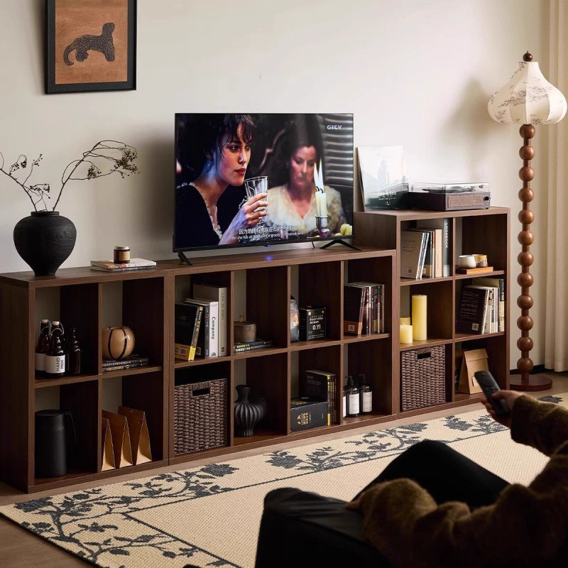 Solid Wood Bookshelf Floor-Standing Bookcase Storage Rack Free Combination Retro Grid Cabinet Black Walnut Color Retro Cabinet Electric