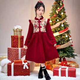 女童中国风连衣裙秋冬新款洋气中大童红色喜庆拜年服新中式演出服