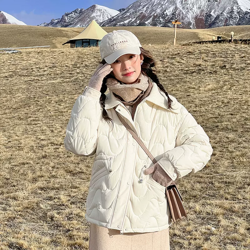 棉服女毛线翻领冬季新款短款抽绳收腰气质棉衣棉袄外套波纹防寒服