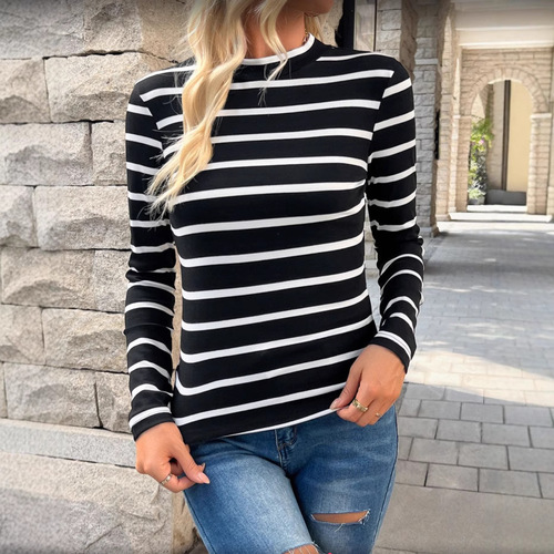 European and American TEMU semi-high-collar stripe slim all-match long-sleeved women's t-shirts are selling well