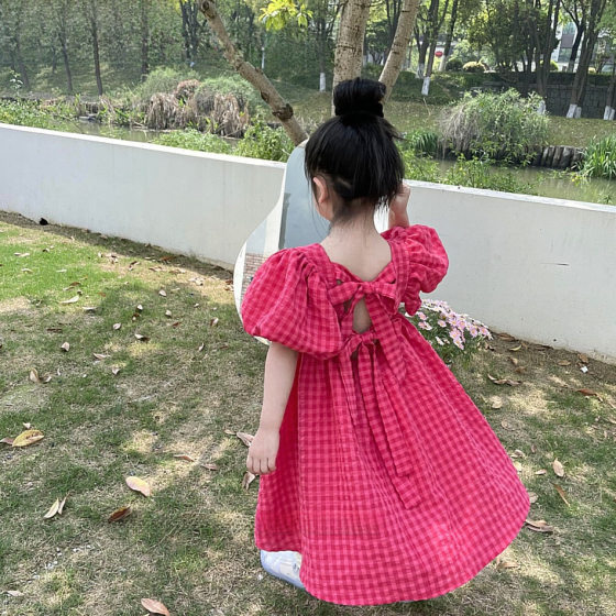 South Korea children's clothing girls' puff sleeve dress little girl's summer Western style bow backless children's princess dress
