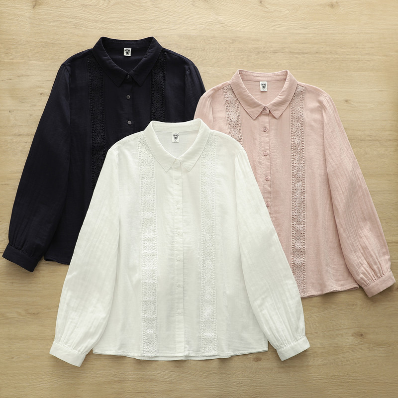 2025 Autumn Clothing Literary Casual Large Lace Double-Layer Yarn Top Japanese Style Casual Long Sleeve Shirt for Women