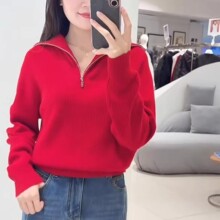 伊家2025冬新款圣诞红半拉链翻领羊毛针织衫套头毛衣女1GA633242