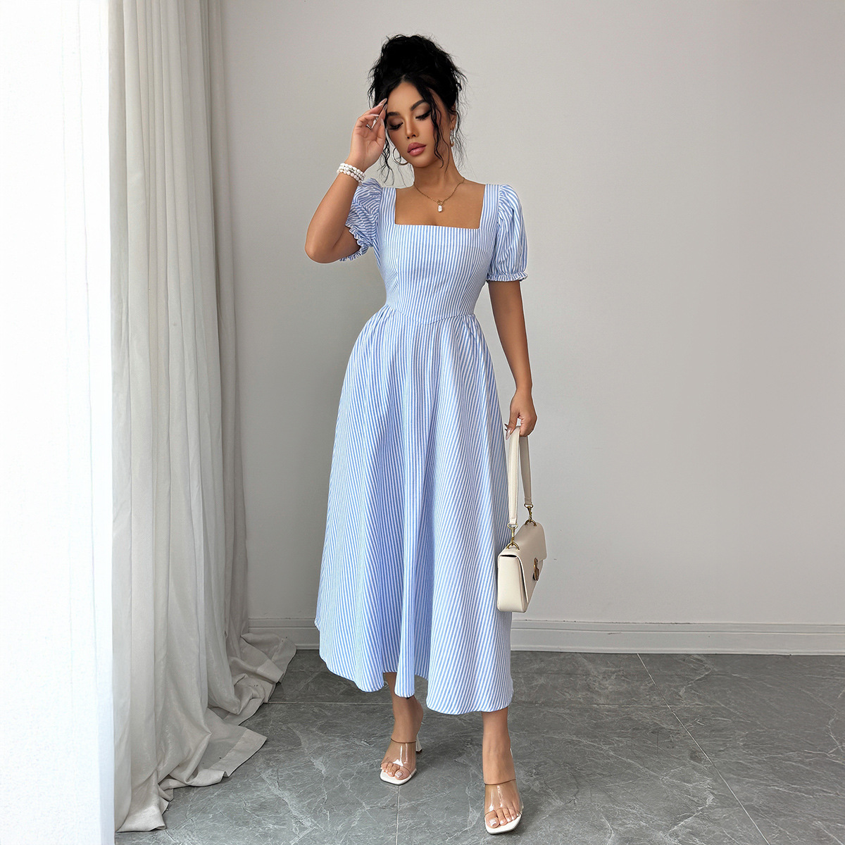 Elegant Blue White Striped Dress Puff Sleeves Women's Spring Summer_ecoleips.com