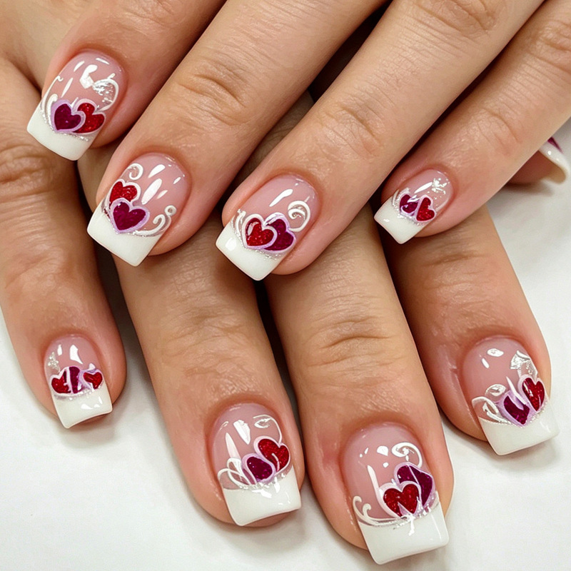 Chinese Glossy Glitter Cross-Border European and American Valentine's Day Wearable Nail Pieces French Heart-Shaped Nail Art Versatile 24-Piece Fake Nails Chinese Glossy Glitter Cross-Border European and American Valentine's Day Wearable Nail Pieces French Heart-Shaped Nail Art Versatile 24-Piece Fake Nails