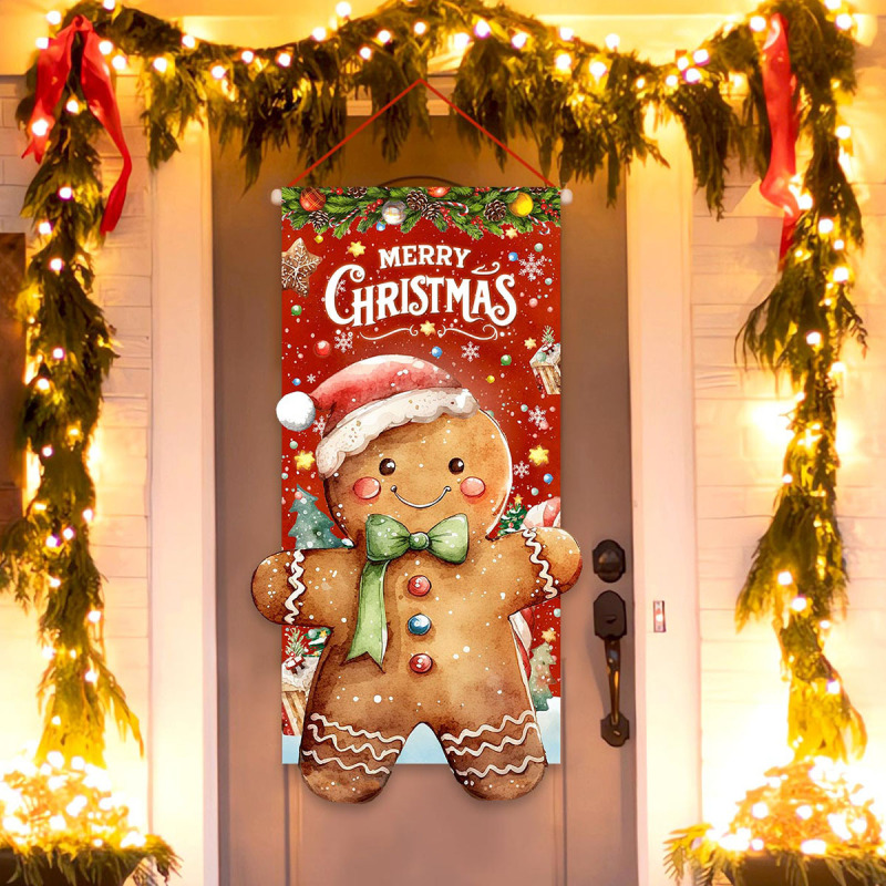 クロスボーダージンジャーブレッドマンパターンドアクリスマスドアカーテンフラグ屋外撮影2025パーティー背景装飾吊り布|undefined